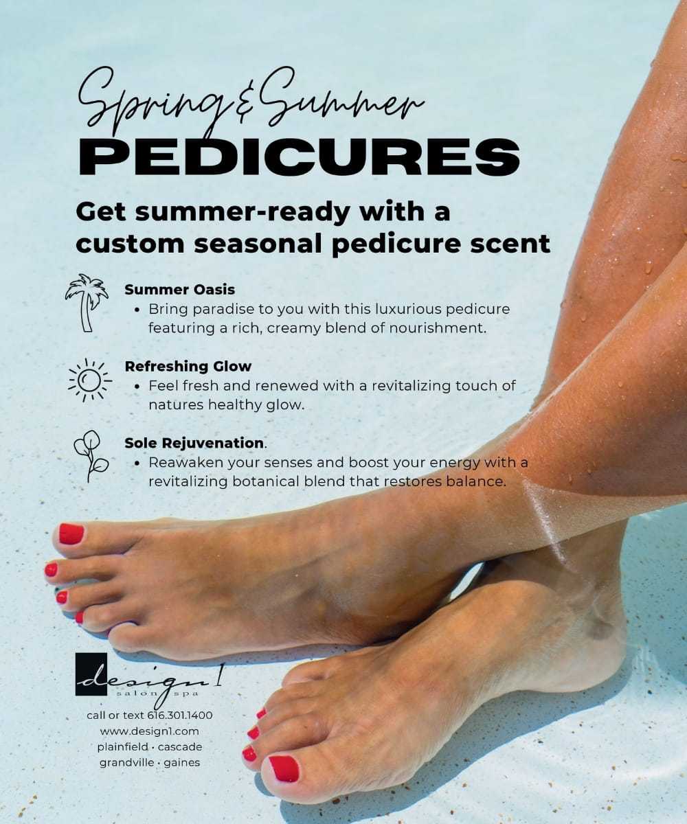 Feet with red nail polish in water; text promotes pedicure scents for spring and summer.