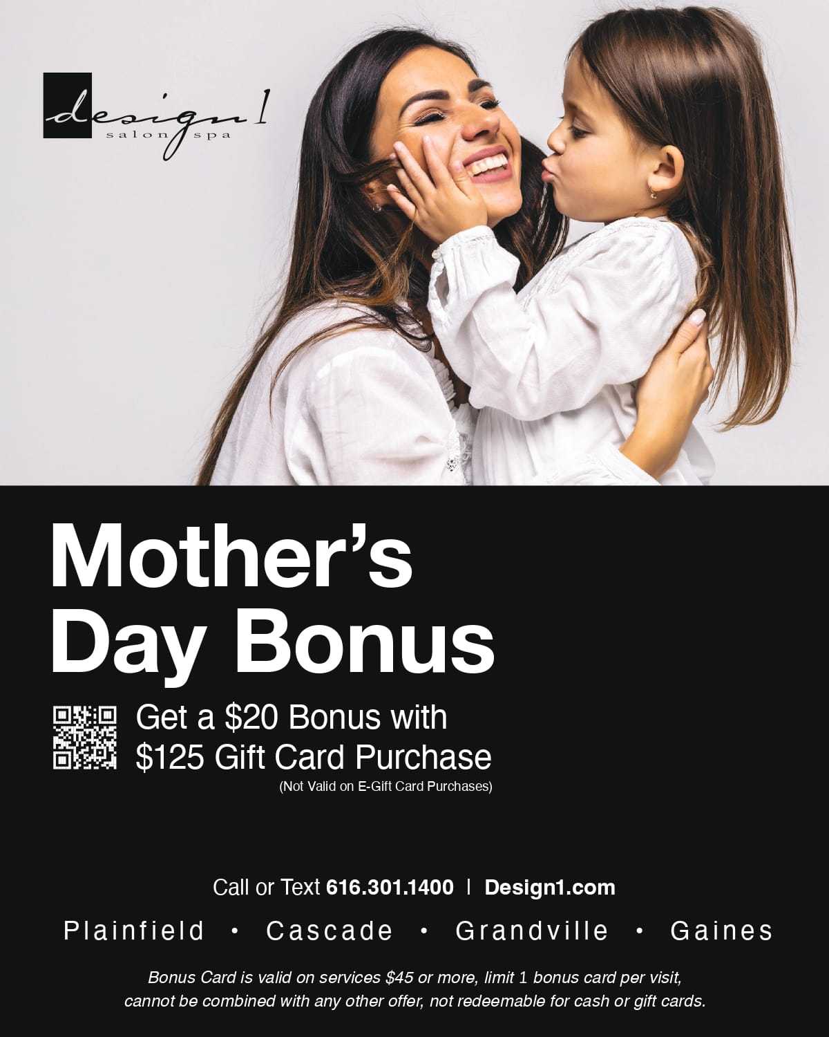 Mother and child smiling, promoting a $125 gift card offer at a salon/spa for Mother's Day.