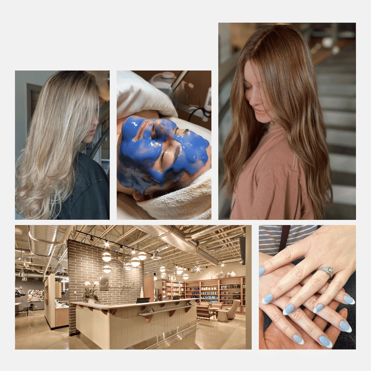 Hair treatments, salon interior, facial and manicured hands with blue nails.