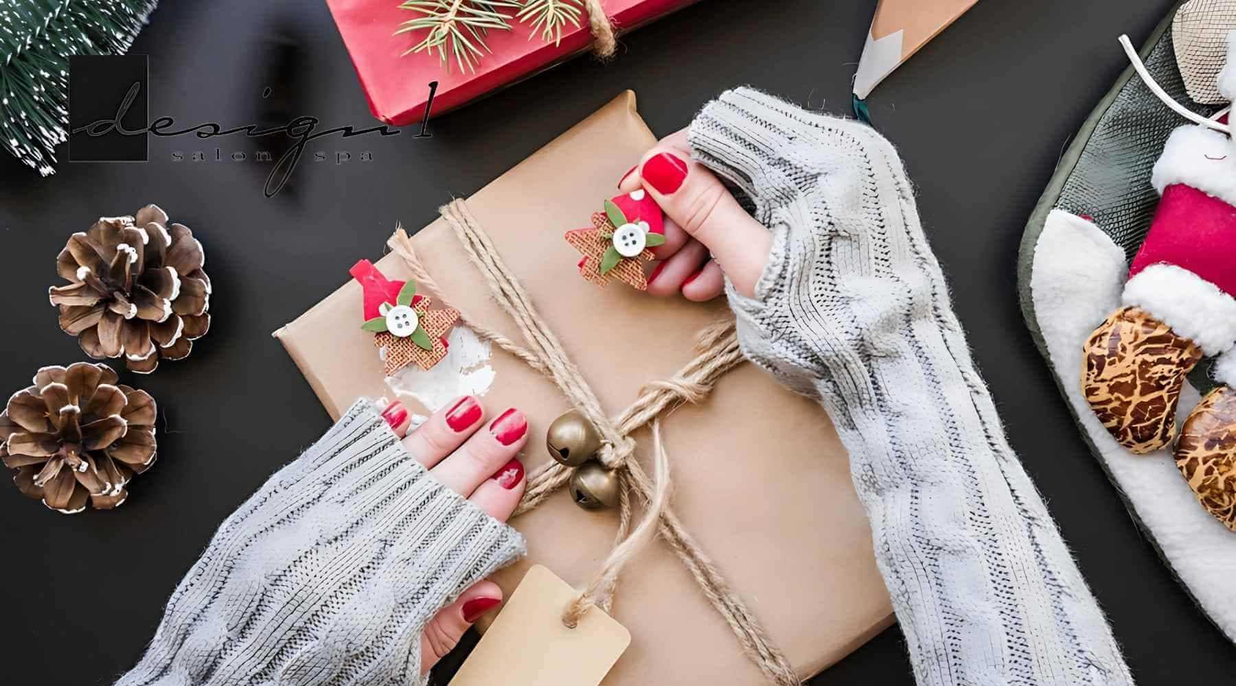 Cozy hands wrapping a rustic holiday gift with pinecones and festive decorations.