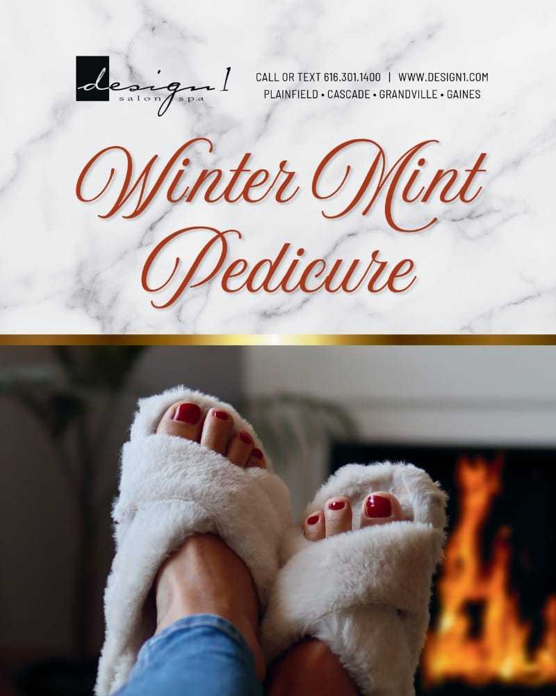 Feet in fuzzy slippers with red nail polish, "Winter Mint Pedicure" text, cozy fireplace.