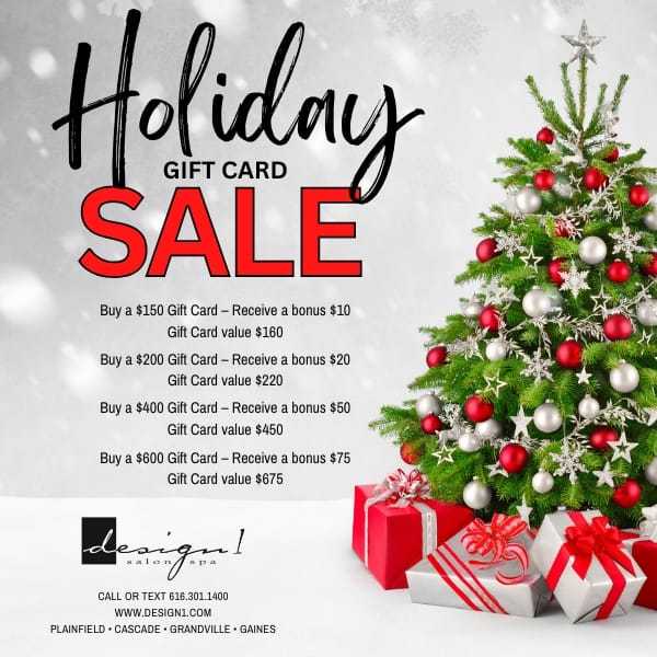 Holiday sale: Buy gift cards, get bonuses. Decorated tree and gifts in the background.